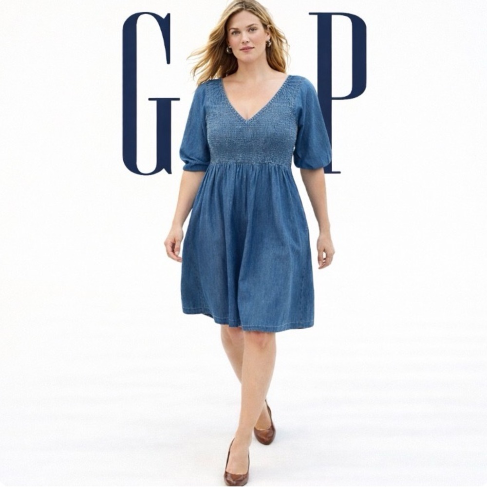XXL GAP 100% Cotton Puff Sleeve Denim Mini Dress with Shirred Bodice, NWT